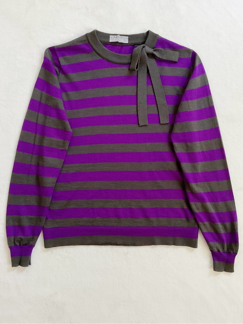 Vintage Jaeger Wool Sweater 36 Purple Gray Striped Bow Made in Great Britain 80s